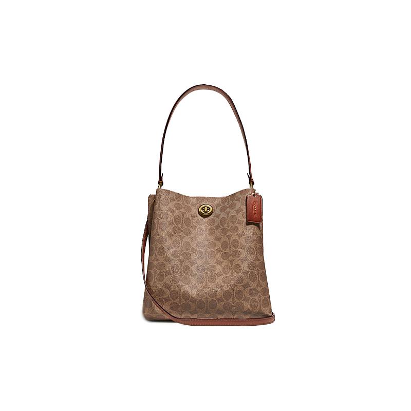 

COACH Charlie 26 presbyopia canvas and leather bucket bag crossbody shoulder bag medium size women s red brown коричневий