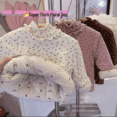 Girls' Floral Print Cotton Coat with Lace Collar - Warm Autumn/Winter Layer