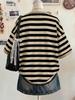 Women's Striped O-Neck Short Sleeve Contrast Color Oversized Tee Beige Summer Casual School Top Fashionable Elegant Y2K Style
