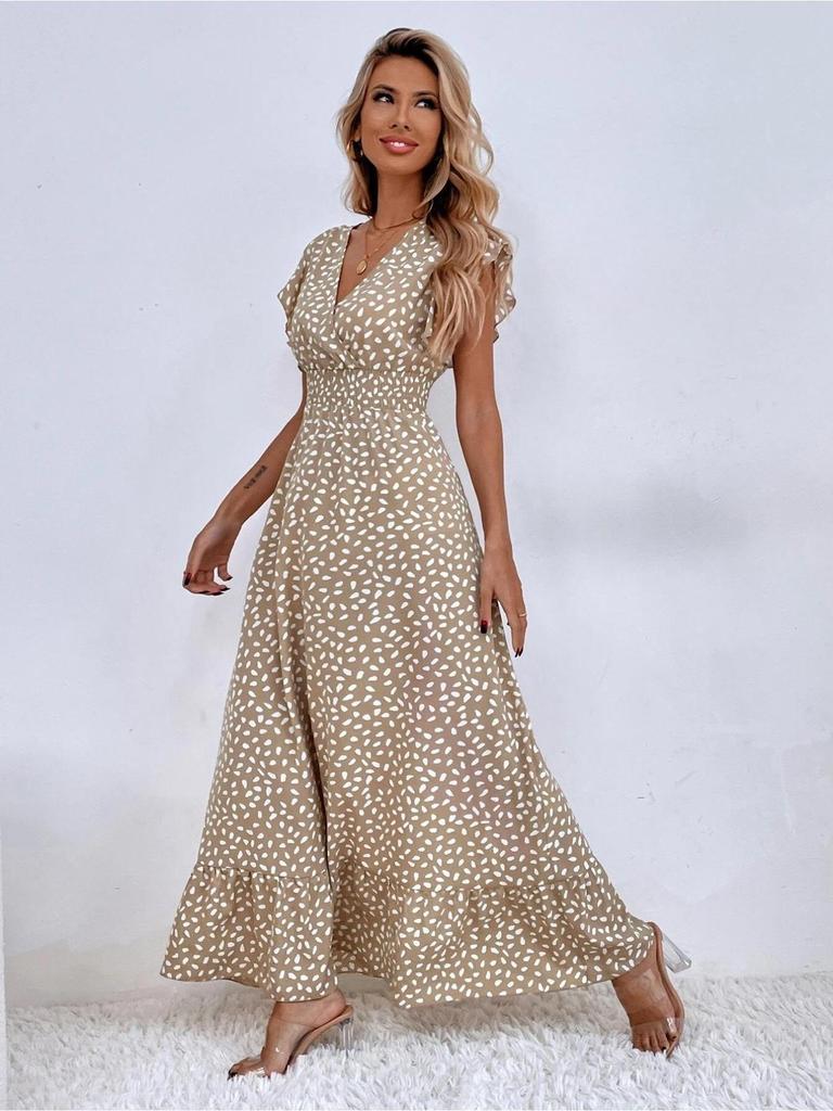 V-Ausschnitt Bedrucktes Kleid Taillenbetont Langer Rock mit Rüschenkante Elegantes Kleid für Damen Ärmellos Lockere Kleider Freizeitkleid