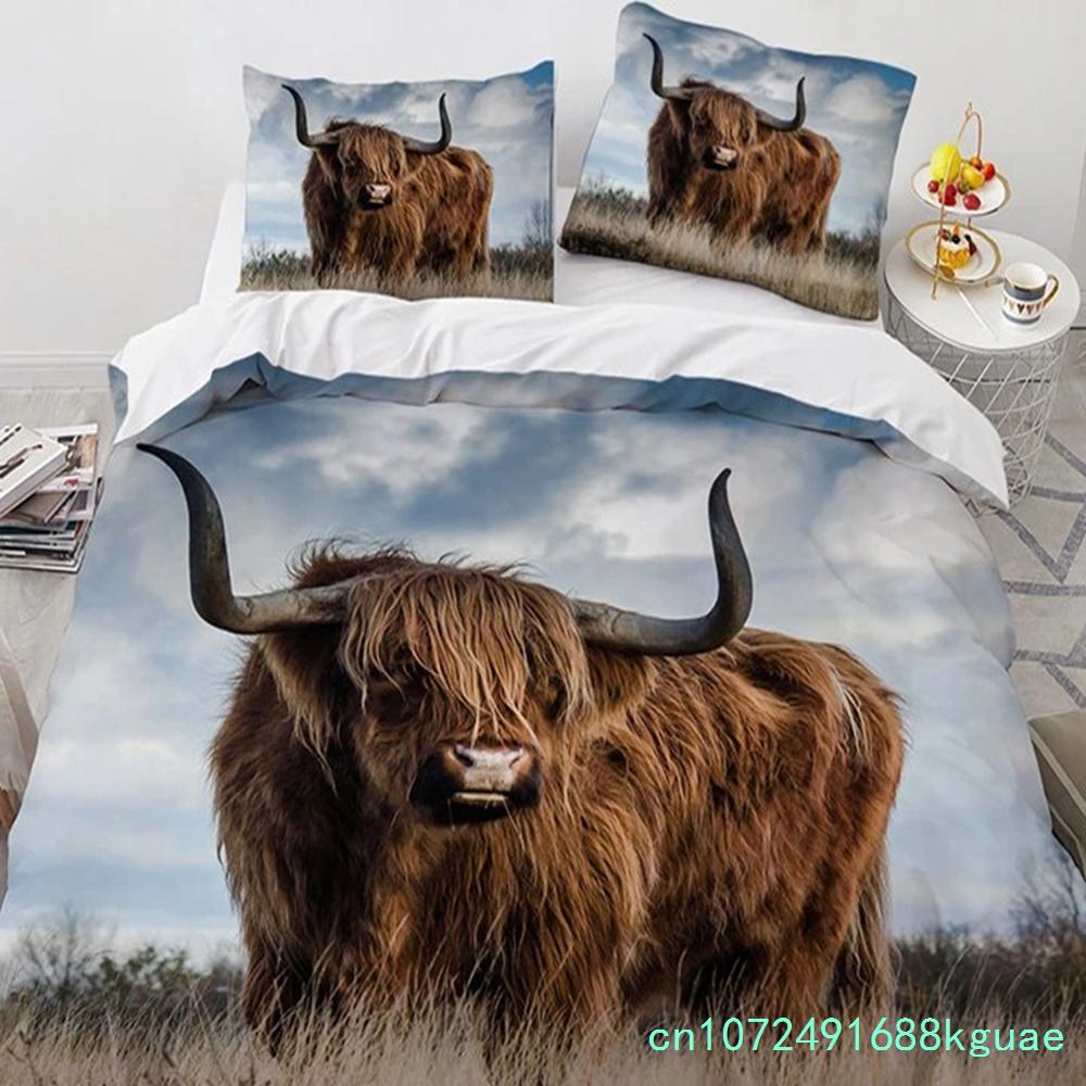 Zestaw poszewki na kołdrę Highland Scottish Cows Zwierzę Gospodarskie King Queen Pokrowiec na Kołdrę Dzikie Zwierzęta Zestaw Pościeli 2/3 szt. Poliestrowa Poszwa na Kołdrę