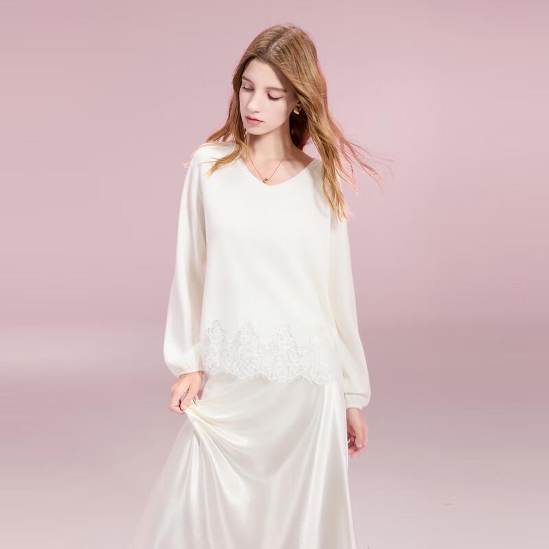 

Sancai 2025 Осень Женский Пуловер С V-образным Вырезом и Кружевной Отделкой Свободной Вязки M