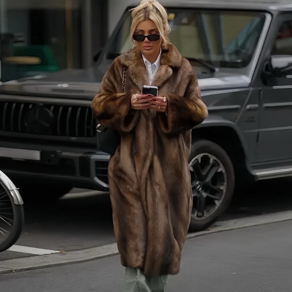 Mode Gemischte Farbe Reverskragen Damen Langmantel Elegant Lange Ärmel Locker Übermantel Neu Winter Damen High Street Kunstpelzjacke