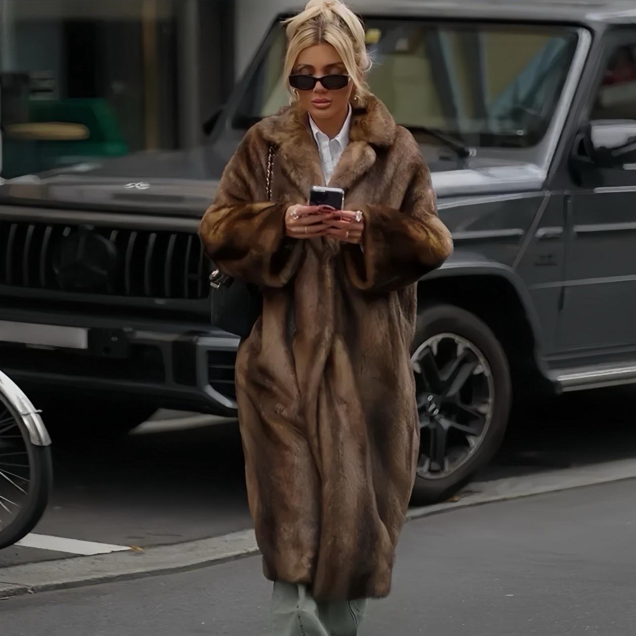 

VAYLA Мода Смешанный Цвет Лацкан Женское Длинное Пальто Элегантный Свободный Плащ с Длинным Рукавом Новая Зимняя Женская Уличная Куртка из Искусственного Меха S