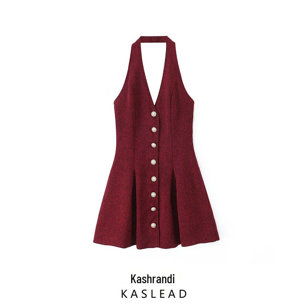 

2025 Spring Women s European & American Fashion Knit Button-Accent Backless Dress Large червоний