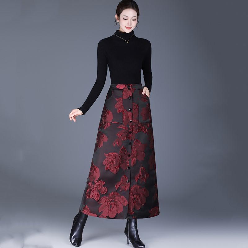 Jacquard Baumwolle Gepolstert Übergröße Hohe Taille Vintage Floral Frühling Herbst Winter Lässig Locker Lang für Frau Röcke Damenrock