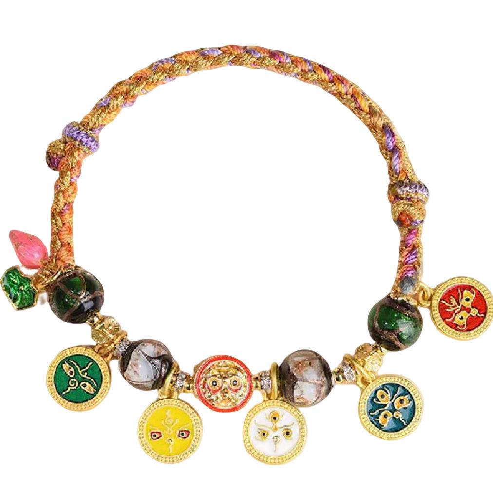Tibetan-Style Eight Guardian Deities Bracelet with Six Syllable Mantra - Handwoven Cotton Thread Ethnic Reincarnation Gift