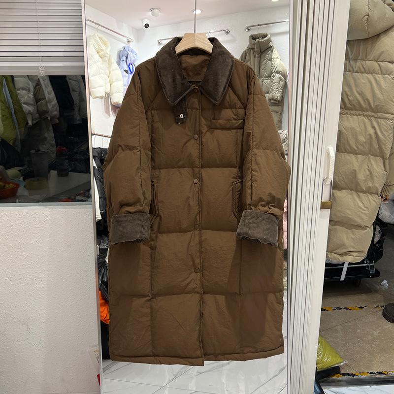 Corduroy Splicing Lapel Down Jacket Women's Medium and Long Loose Thickened Winter New Knee Jacket