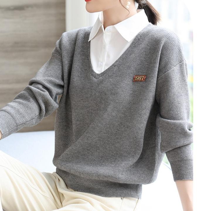 

Женский вязаный топ-рубашка с имитацией двух частей, весенне-осенний, большого размера, свитер, однотонный, свободный пуловер XL серый