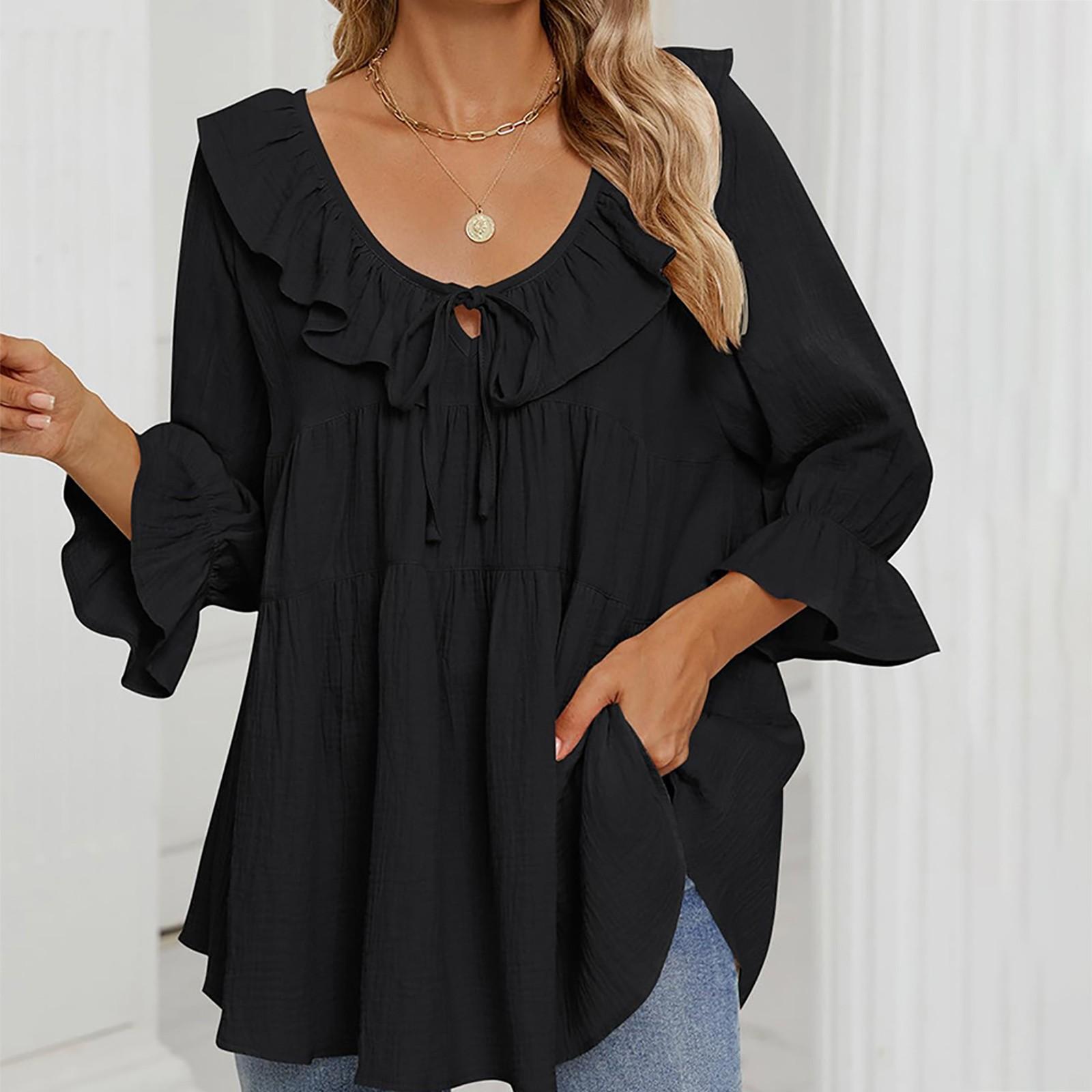 

Женская туника-рубашка с круглым вырезом, завязками спереди, складками, декорированная, многослойная, свободная, с рукавами-семью точками XL чёрный