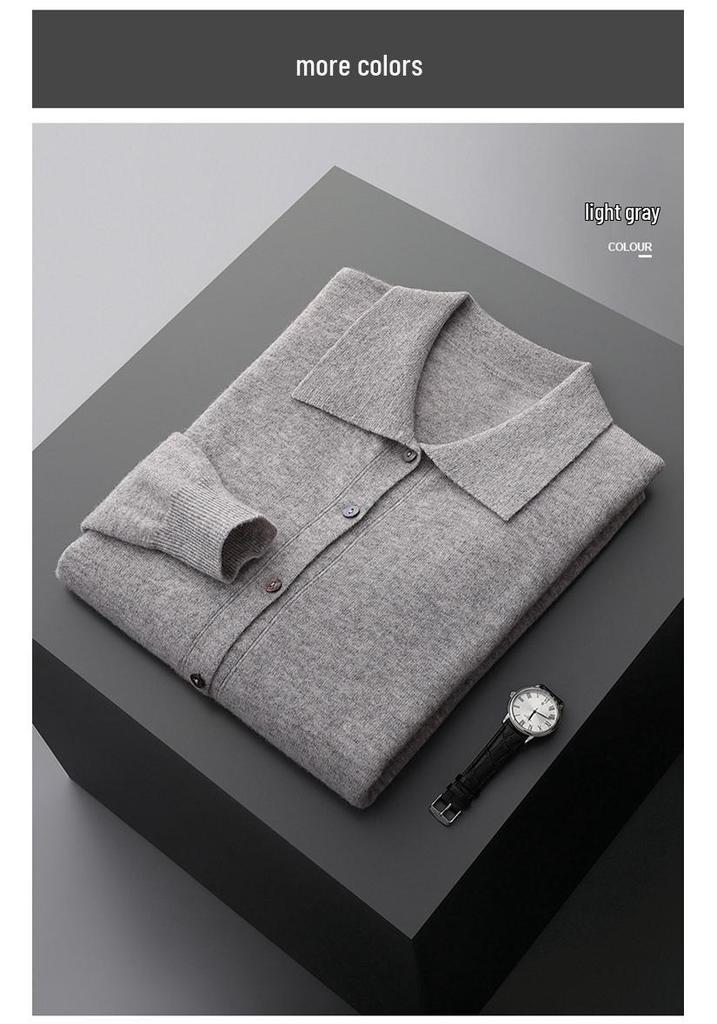Men's Autumn Wool Cardigan with POLO Collar and Business Lapel, Long Sleeve Sweater for Autumn/Winter.