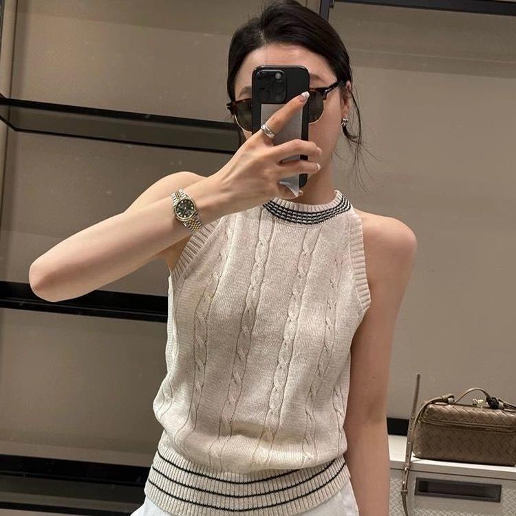 American Style Round Neck Cable Knit Top Knitted Vest Designed Summer Slim Fit Slimming Sleeveless