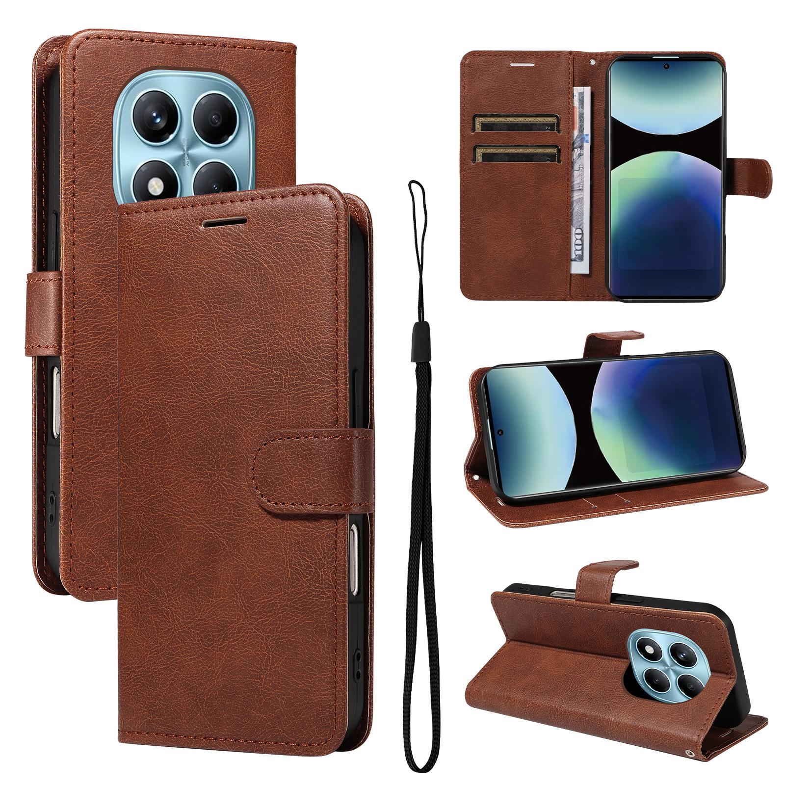 

For Xiaomi Redmi Note 14 Pro 4G Leather Wallet Case with Strap Solid Color Phone Stand Cover Brown