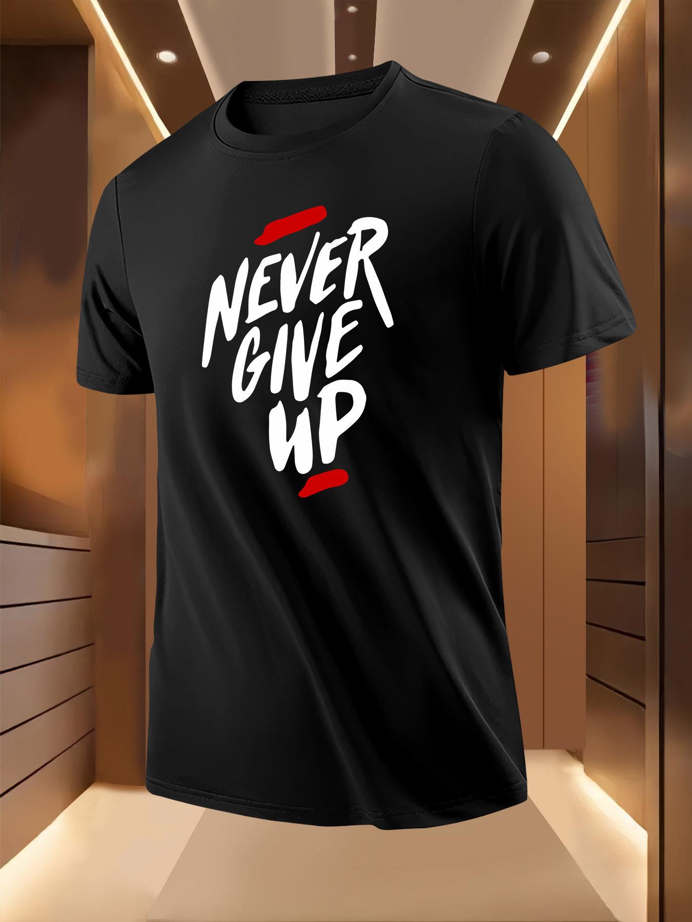 Never Give Up Inspirational Print Tshirt - Light Gray C... XL
