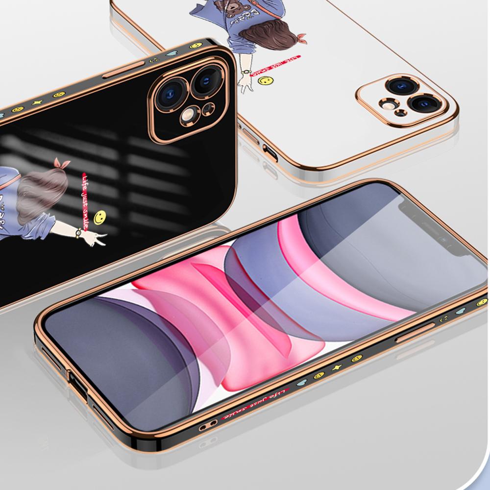 Cartoon Lovely Girl Plating Phone Case for iPhone 11 13 15 Samsung Galaxy A52 Xiaomi Redmi 12C Note 10 Pro Oneplus Soft Smartphone Cover Cases