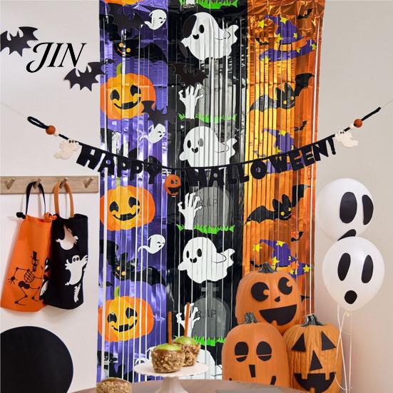 Holiday Party Backdrop Foil Fringe Curtain for Halloween, Orange Purple Black Background Tinsel Photo Booth Props, Pumpkin Ghost Bat Halloween