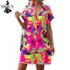 Moda Donna Estate Primavera Stampa Color Block Manica Corta Collo POLO Linea Vita Ampia Abiti Casual