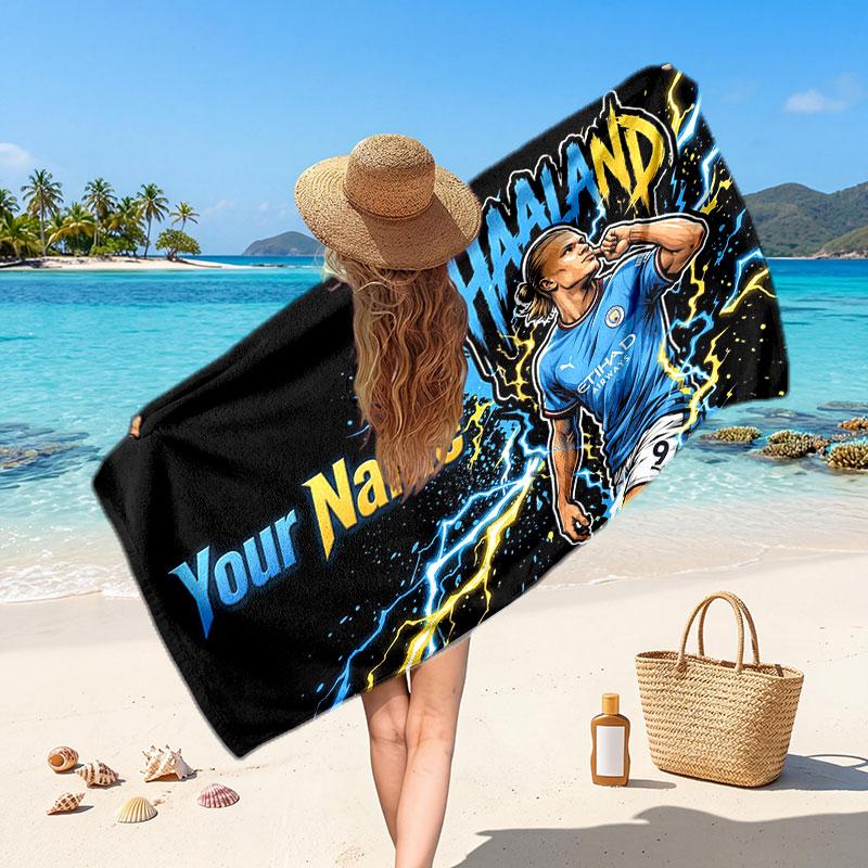 Erling Haaland Custom Beach Towel, Personalized Name Text Print, Football Logo Soft Quick‑Dry Towel Holiday Gift