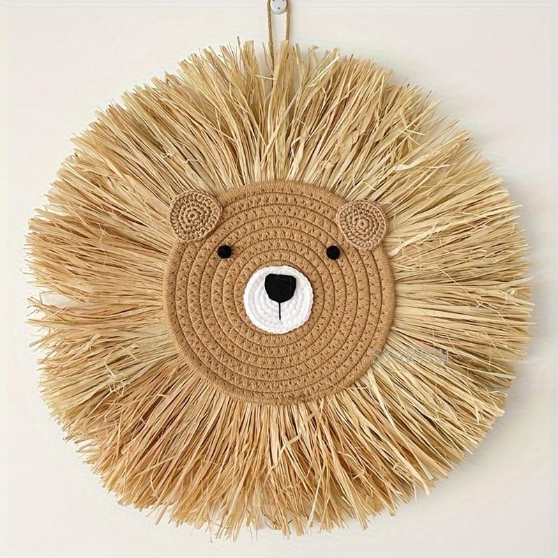 Nordic Handmade Lion Wall Decor Cotton Thread Straw Woven Animal Head Wall Hanging Ornament For Nursery Baby Room Decoration