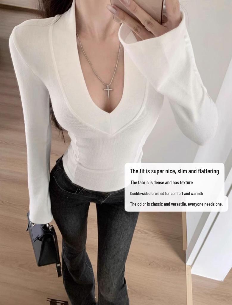 V-Neck Soft Brushed Long-Sleeve Women's Top for Autumn/Winter - Sexy and Cozy Base Layer