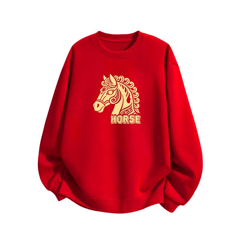 Women's 2026 Year of the Horse Red Round Neck Fleece-Lined Hoodie - Loose Fit, Autumn/Winter Edition