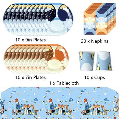 51Pcs Blue Dog Bluey Party Tableware Set with Tablecloth, Plates, Cups, Napkins
