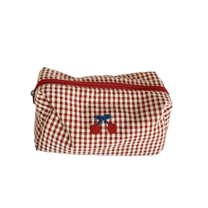 Red Cherry Plaid Makeup Bag Large Capacity Travel Cosmetic Organizer Case for Women Girl Portable Pouch Card Coin Purse Case
