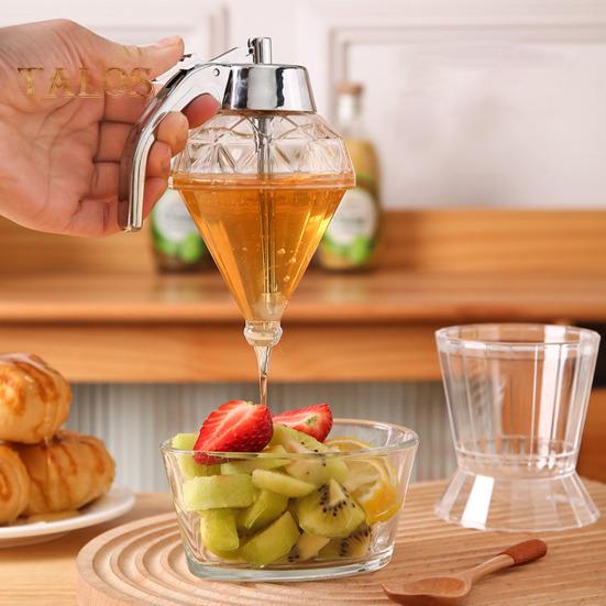 Dispenser per miele da cucina da 180 ml con coperchio in acciaio inossidabile, senza gocciolamento, in vetro, a forma di diamante, dispenser per sciroppo a tenuta stagna, bottiglia di olio d'oliva, salsa, aceto