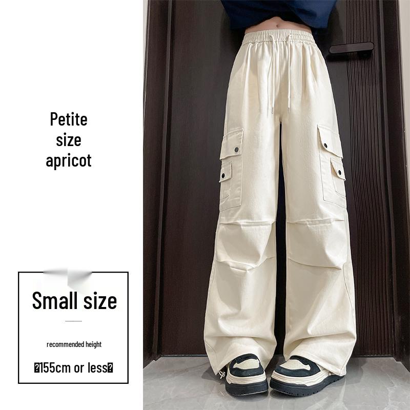 Damen High-Waist Retro Washed Baumwolle Cargohose, Lockeres Gerades Bein, Bodenlang, Aufgeschlagener Weiter Beinabschluss, Frühling Schlankmachender Stil.