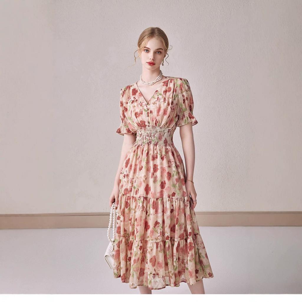 Summer V-neck Bubble Sleeve Chiffon Floral Dress Medium and Long High Waist Thin Fresh and Sweet Princess Style