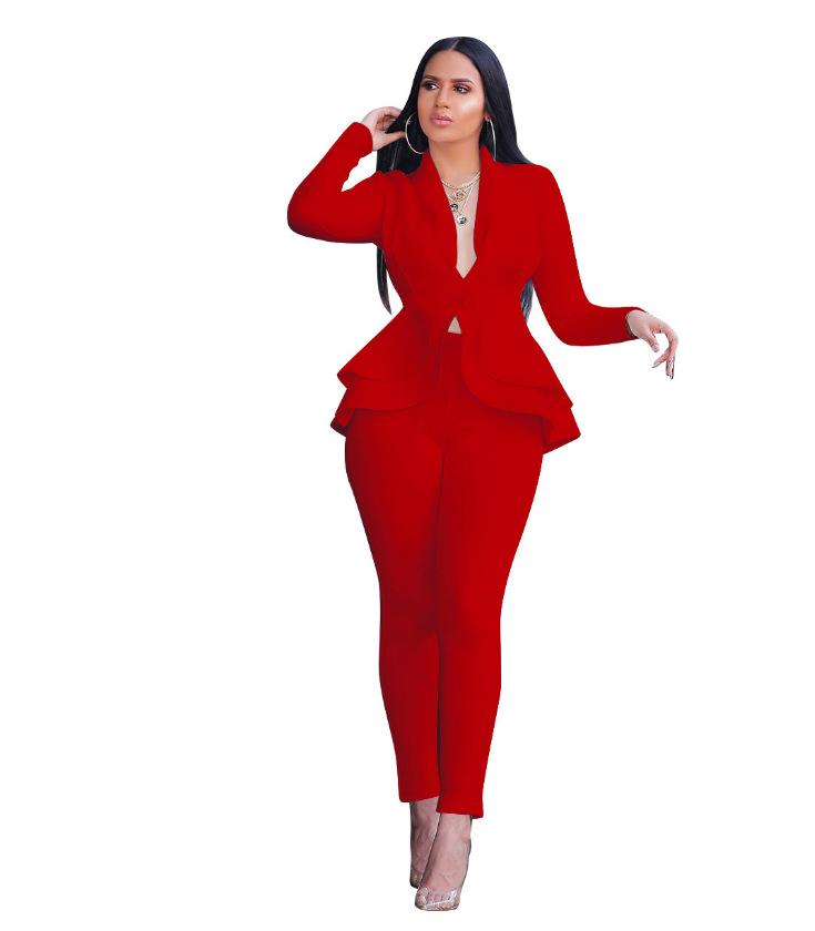 Women's Lapel Long Sleeve Ruffle Peplum Blazer Skinny Pants 2 Piece Business Suit Set 2022 Fall Office Tracksuit