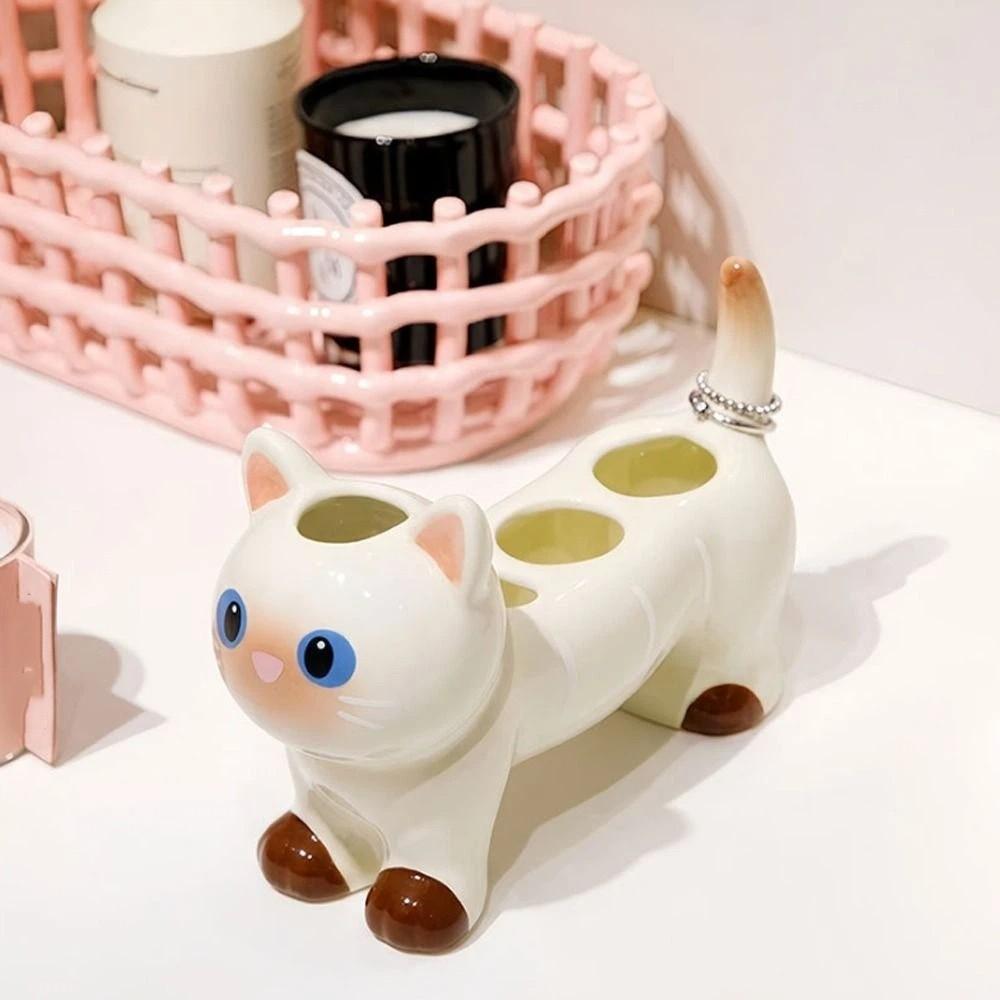 Cat Dog Shape Ceramic Toothbrush Holder 4 Holes Cartoon Toothbrush Storage Rack Waterproof Whimsical Electric Toothbrush Stand