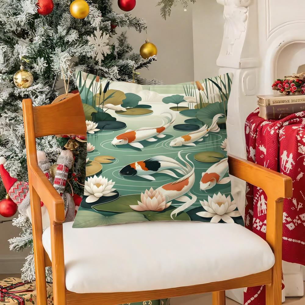 Natural Fun Koi Fish Lotus Pillow Case Silky Short Plush With Invisible Zipper Dustproof Sofa Cushion Cover For Home Decor