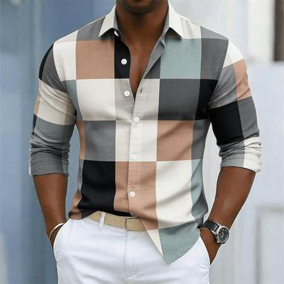 Men's Color Block Plaid Print Lapel Shirt, Spring Summer Casual Top, Earth Tone Checkered Design