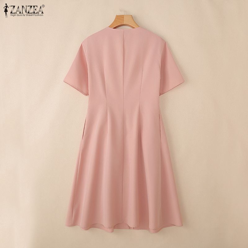 ZANZEA Women Casual V-Neck Solid Color Short Sleeve Dress