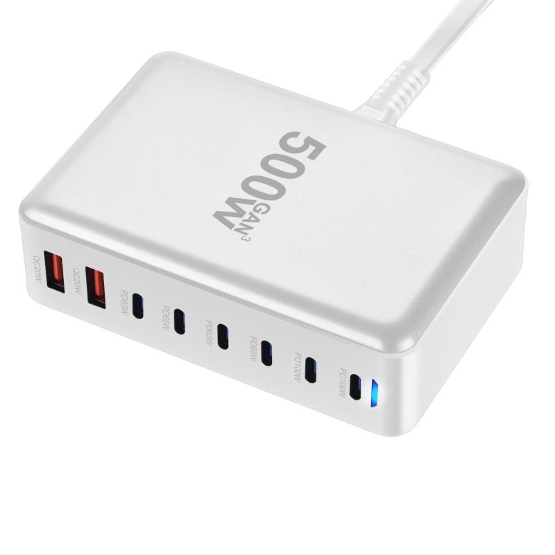 500W Desktop GaNs Chargers 6 USB C 2 USB A Charging Station Desktop Mutliport for Fast Chargers Laptop Power Adapter