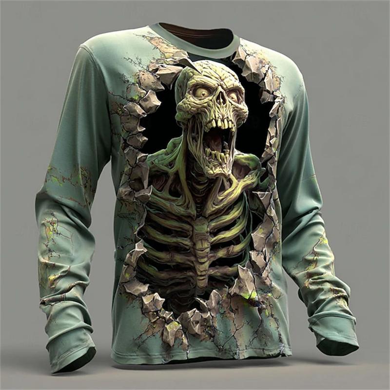 Monster Print Casual Men's Long-sleeved T-shirt Outdoor Vacation Round-neck Long-sleeved Spring and Autumn Clothing