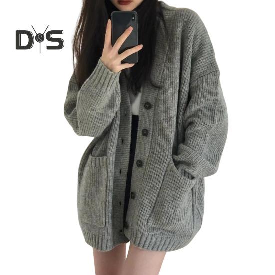 

Женский свитер, пальто с V-образным вырезом, длинным рукавом, однотонное трикотажное пальто с большими карманами, свитер средней длины свободного кроя, кардиган серый