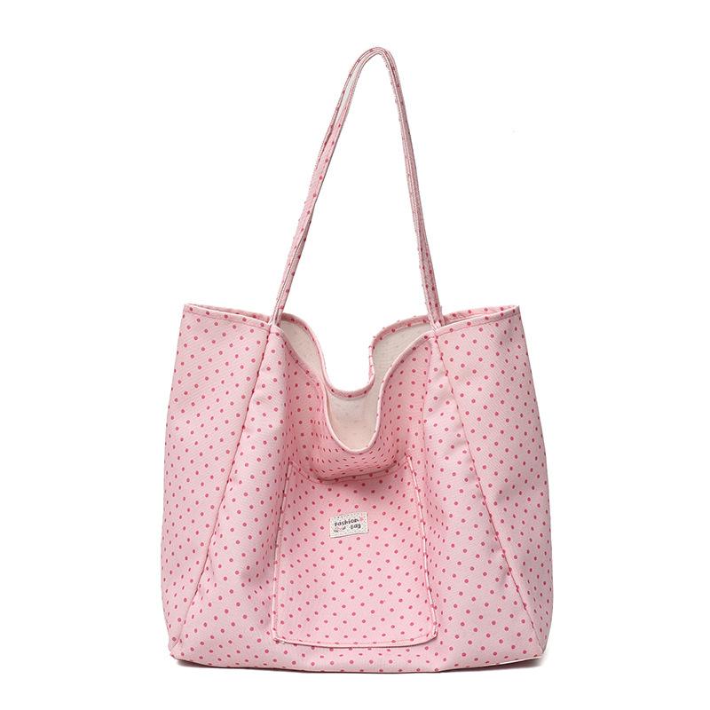 Large Capacity Canvas Tote Bag for Women Polka Dot Student School Commuting Korean Style Literary Shoulder Bag