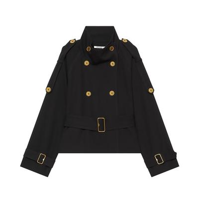 Womens Vintage Lapel Double-Breasted Belted Short Trench Coat Long Sleeve Casual Outerwear