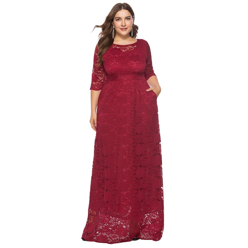Plus Size Women's Four Seasons Bridesmaid Dress Banquet Annual Meeting Lace Pocket Dress