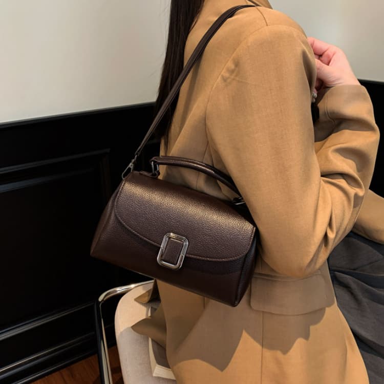 Lychee Pattern Metal Square Buckle Handbag Women's Shoulder Bag