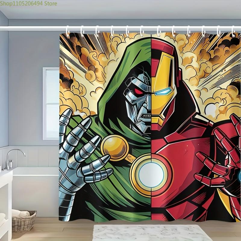 

1pc Superhero Shower Curtain - Polyester, Cartoon Design with Green Cloak & Golden Armor, Includes 12 Hooks, Ideal for Home & 90x180cm