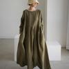 Japanese and Korean Style Plus Size Cotton-Linen Round Neck Pullover Swing Dress