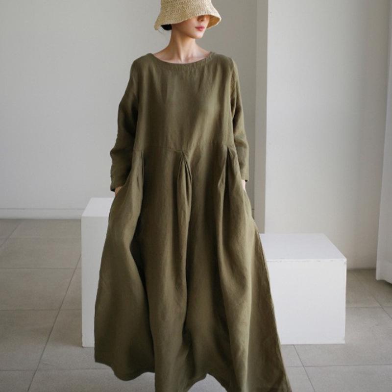 Japanese and Korean Style Plus Size Cotton-Linen Round Neck Pullover Swing Dress
