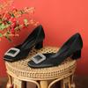Satin Silk Square Buckle High Heels Women's Heel Thick Square Head Medium Heel Single Shoes Sheepskin Niche Design Sense Spring