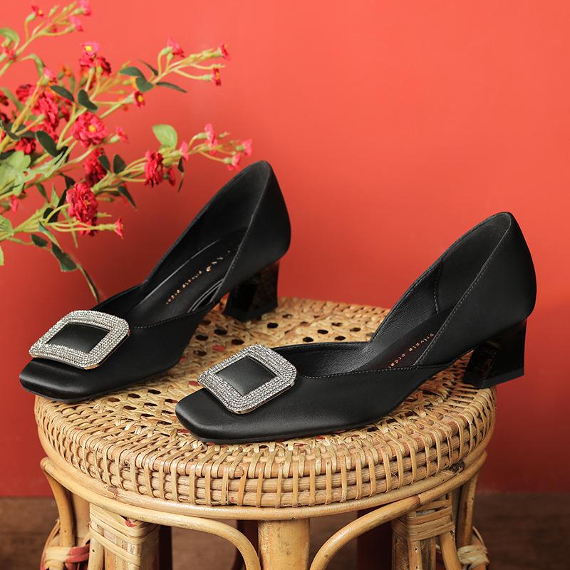 Satin Silk Square Buckle High Heels Women's Heel Thick Square Head Medium Heel Single Shoes Sheepskin Niche Design Sense Spring