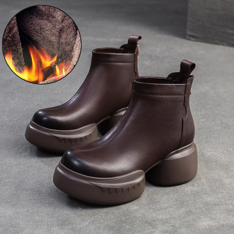 Johnature Plush Warm Thick Soled Short Boots Genuine Leather Round Toe Versatile Comfortable Women's Shoes