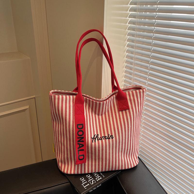 Bolsa de Ombro de Lona Listrada de Grande Capacidade para Mulheres - Tote Versátil para Estudantes e Pendulares