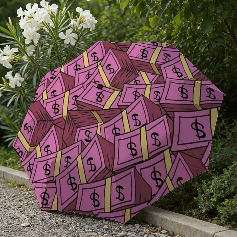 

1pc Automatic Folding Umbrella - Pink Money Box with Wealth Abundance Pattern, Sun/Rain Umbrella, and Resistant, Dual Use for